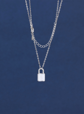 s925纯银白色滴釉锁头项链女气质