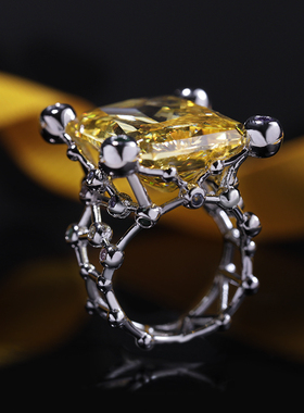 原创设计纯银仿真黄钻石戒指女