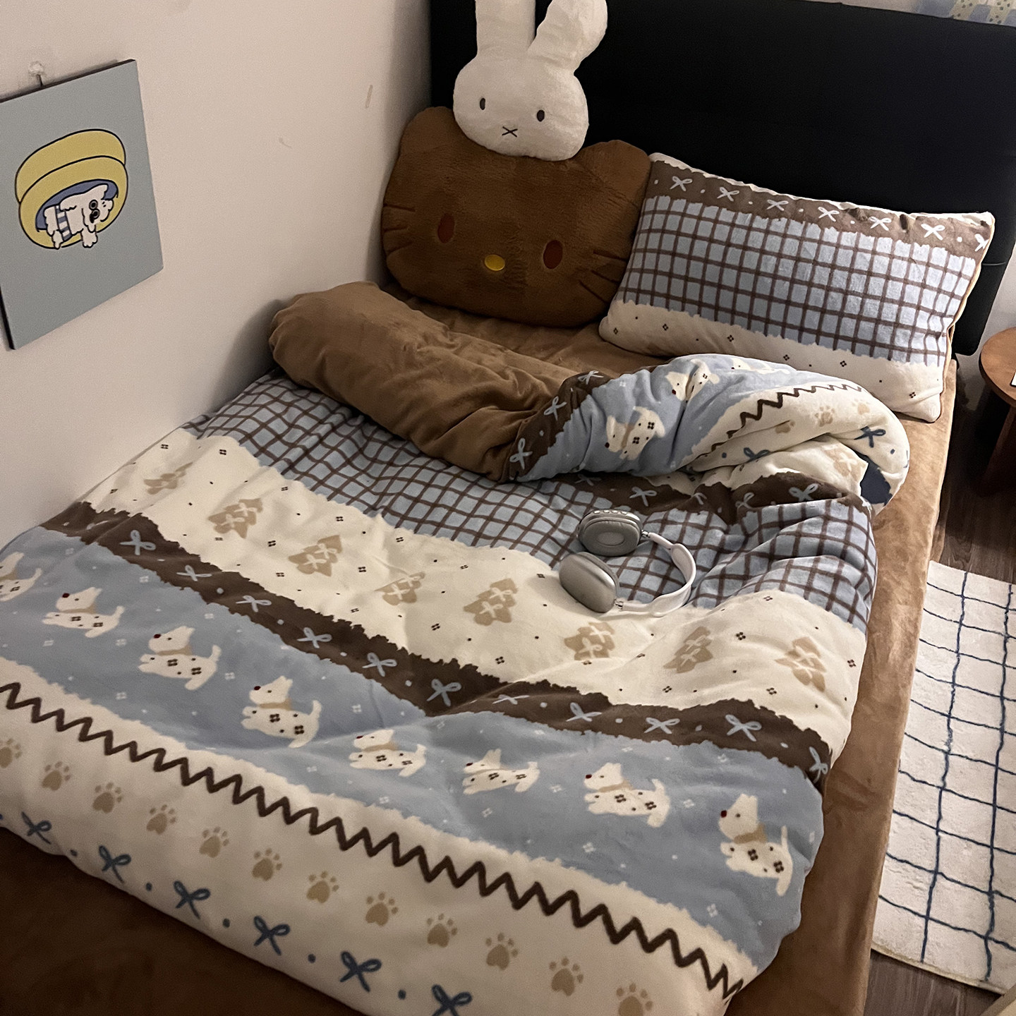 晚安猫费尔岛修狗四件套咖色美拉德风牛奶绒床单被套宿舍三件套