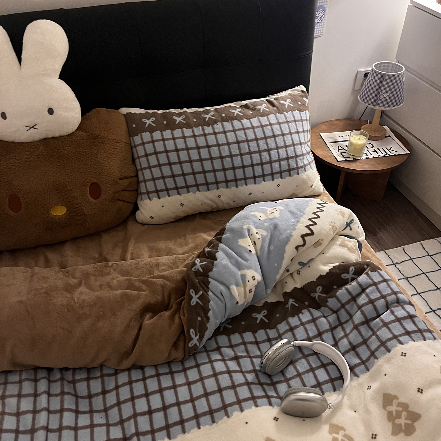 晚安猫费尔岛修狗四件套咖色美拉德风牛奶绒床单被套宿舍三件套