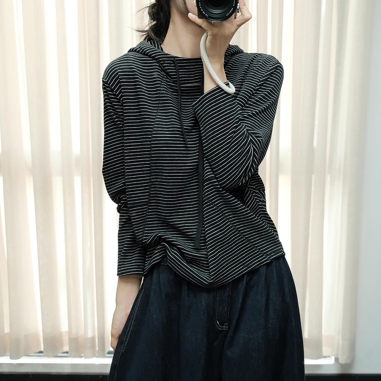 秋冬韩版复古时尚个性宽松休闲百搭减龄弹力连帽套衫条纹上衣女潮,淘宝优惠券,粉丝福利购,淘宝优惠卷