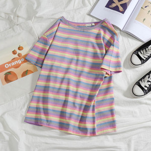 泫雅风上衣彩虹条纹短袖T恤