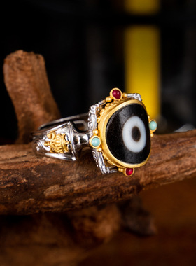 民族风S925纯银天珠宝伞戒指