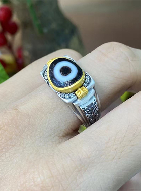 S925纯银镶嵌天珠仿古兽面纹戒指