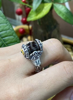 S925纯银镶嵌绿度母虎牙天珠戒指