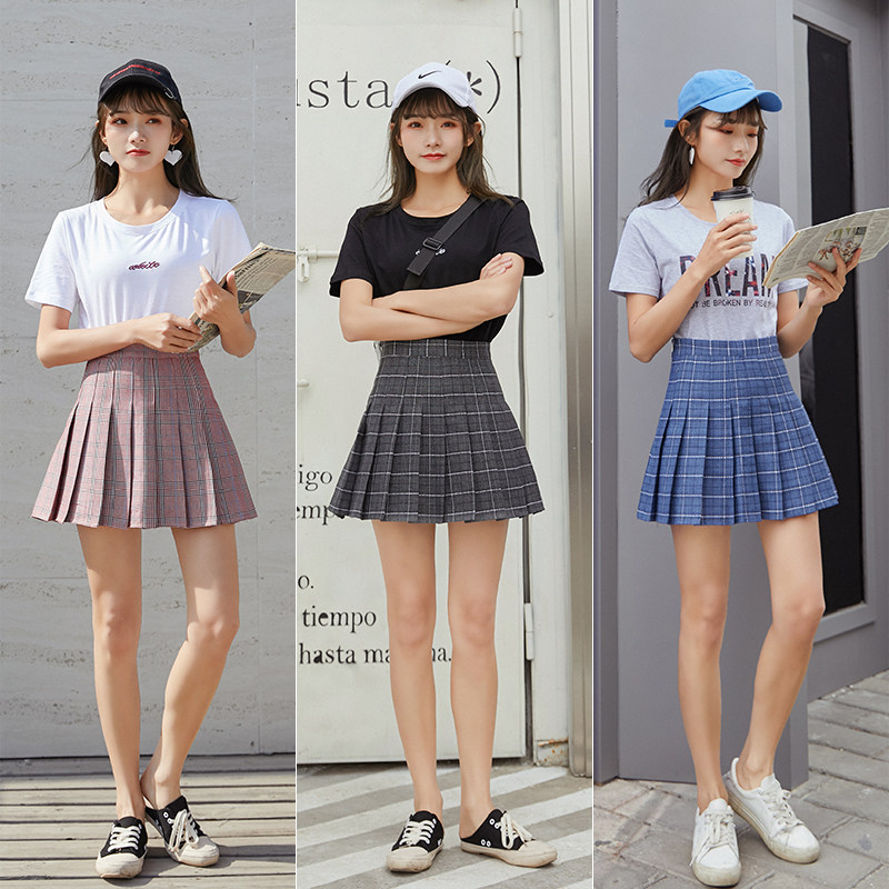 格子夏新款显瘦大码a字小百褶裙 絮诺半身裙