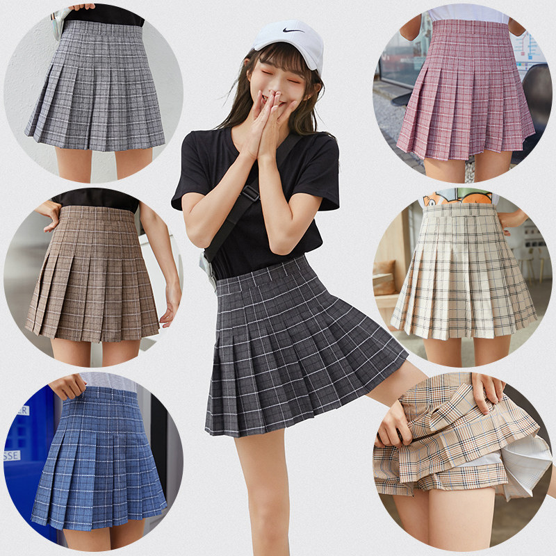 格子夏新款显瘦大码a字小百褶裙 絮诺半身裙