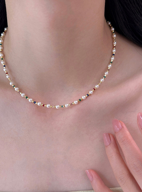 彩色尖晶石串珠珍珠项链高级感