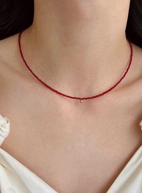 大米饰品】显白红色水晶切面红晶石项链复古叠戴串珠锁骨链新中式