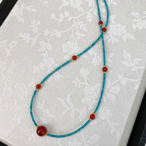 大米饰品】手作仿绿松串珠夏天红玛瑙项链锁骨链显白轻奢小众颈链 - 图1