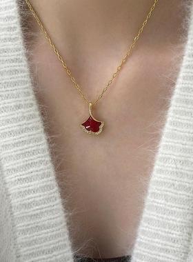 银针银杏叶珐琅锁骨链