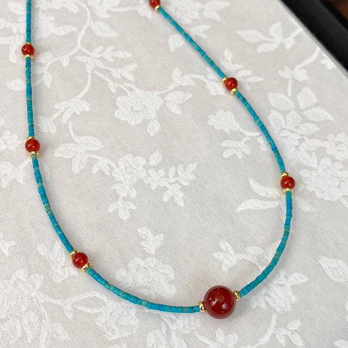 大米饰品】手作仿绿松串珠夏天红玛瑙项链锁骨链显白轻奢小众颈链 - 图0