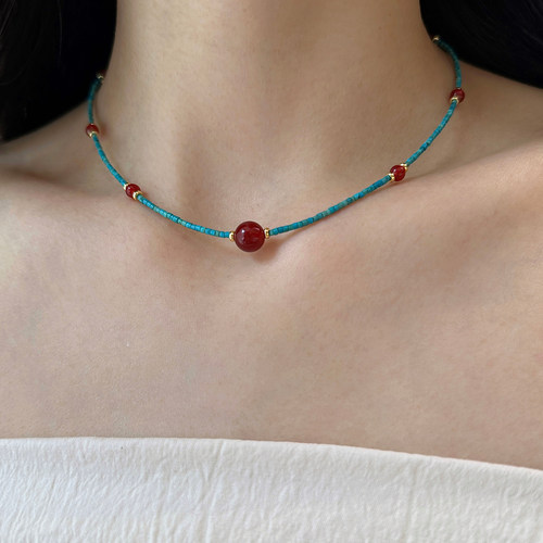 大米饰品】手作仿绿松串珠夏天红玛瑙项链锁骨链显白轻奢小众颈链 - 图2