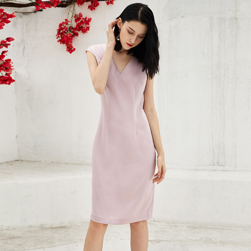 SHIRLEY YU2025夏新款女装原创设计粉色修身V领连衣裙聚会小礼服 - 图1