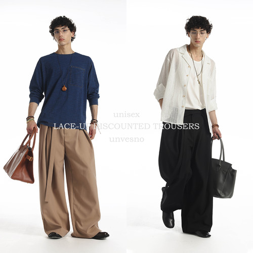 【刘轩丞同款】Unvesno(UN)老钱立体剪裁中腰休闲裤宽松西裤 - 图3