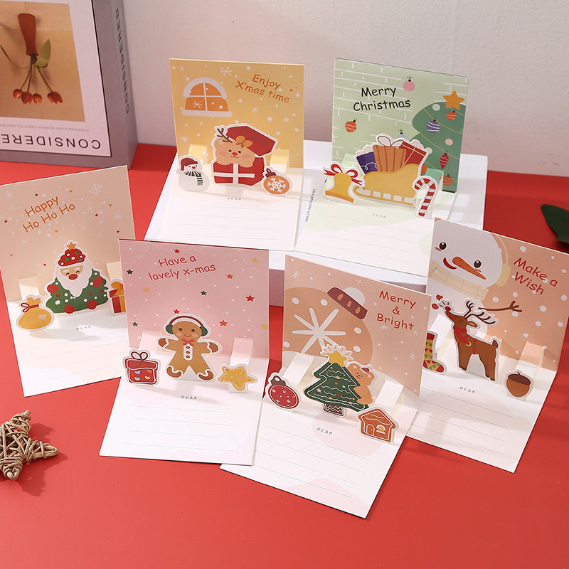 韩系创意圣诞贺卡儿童立体卡通可爱迷你对折小卡片送信封圣诞专用 - 图2