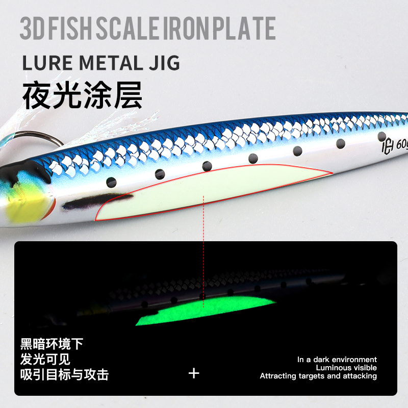 3D掉鳞夜光路亚铁板饵马鲛铁板UV加强海钓专用带钩船钓飘落鲅鱼钩-图2