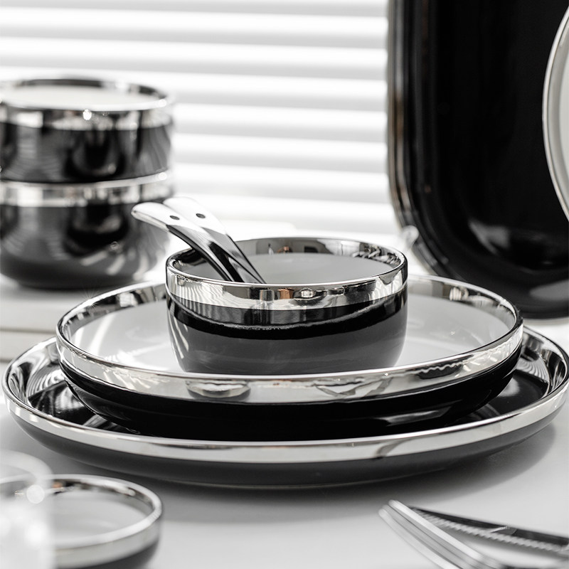 轻奢银边黑色陶瓷餐具简约家用高颜值鱼盘西餐盘汤碗饭碗套装组合,淘宝优惠券,粉丝福利购,淘宝优惠卷