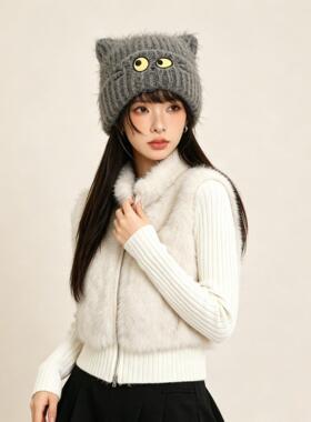 可爱猫咪耳朵毛绒针织帽女秋冬保暖毛线帽百搭显脸小护耳套头帽子