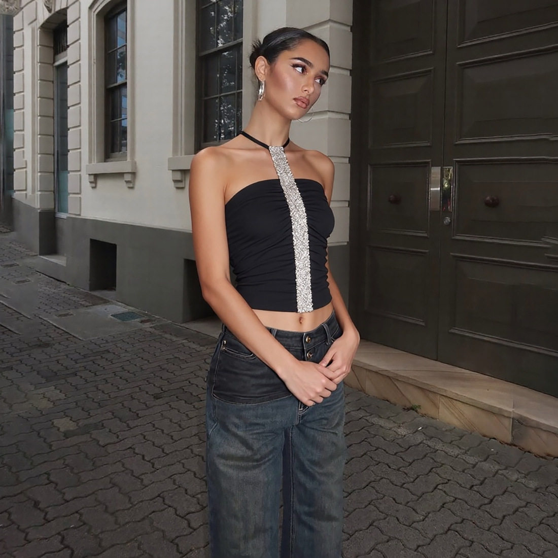 时尚2026夏季度假甜辣潮流挂脖性感辣妹露背亮片修身显瘦抹胸背心,淘宝优惠券,粉丝福利购,淘宝优惠卷