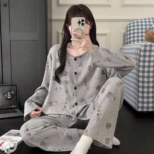 Pajamas ຜ້າຝ້າຍບໍລິສຸດ 100 ຝ້າຍແມ່ຍິງກາງເກງຂາຍາວນັກສຶກສາພາກຮຽນ spring ແລະດູໃບໄມ້ລົ່ນນັກສຶກສາແມ່ຍິງໃຫມ່ cardigan ເຮືອນໃສ່