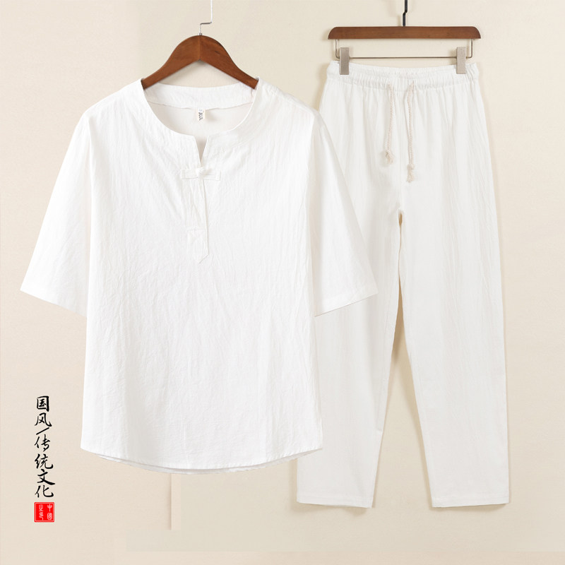 New Chinese style linen men's Chinese style suit two-piece middle-aged and elderly dad's short-sleeved T-shirt retro tea suit
