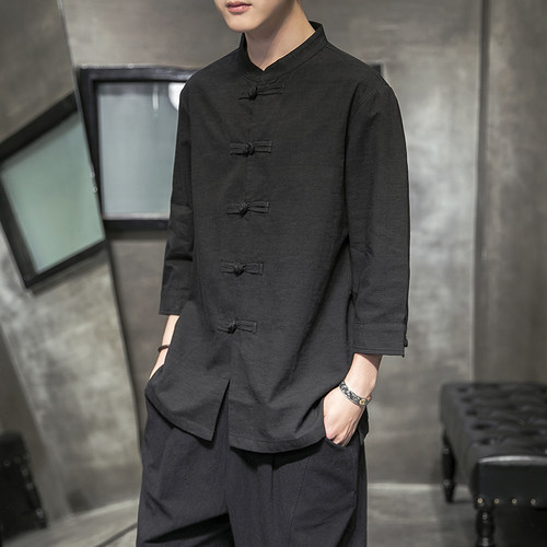 唐装男款春季中国风中式七分袖衬衫中老年男老头练功服禅服居士服 - 图1