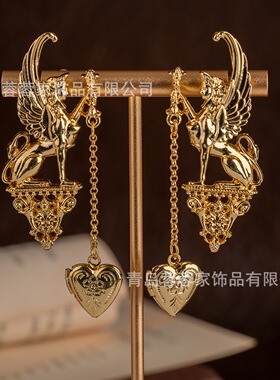 中古复古金色耳环独特气质百搭长款爱心吊坠耳坠小众耳饰vintage