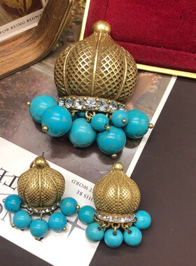 中古回流做旧金粉晶绿松石琉璃珍珠吊坠胸针耳钉套气质百搭别针女