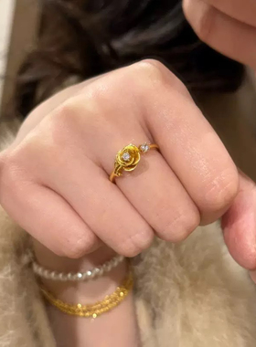 轻奢中古高级镶钻拉丝玫瑰花戒指精致立体小众设计复古港风食指戒