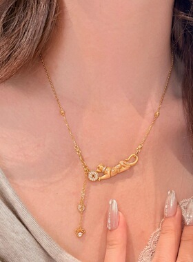 法式复古新中式拉丝镶钻金钱豹项链高级感精工中古吊坠精致锁骨链