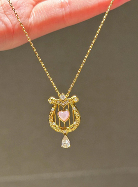 轻奢高级爱心粉贝竖琴项链镶嵌锆石甜美少女设计感精致气质锁骨链