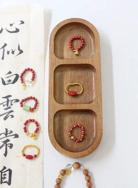 原创手作新中式朱砂戒指铜镀金小金豆帝王砂红色弹力串珠米珠约指