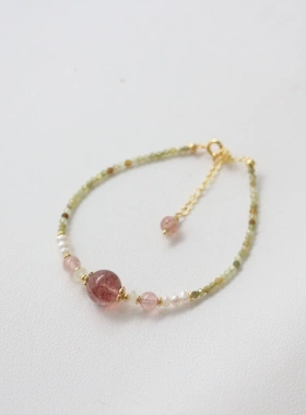 国潮原创手作天然石毛衣链青草莓晶唐卡挂绳项链小众文艺复古风