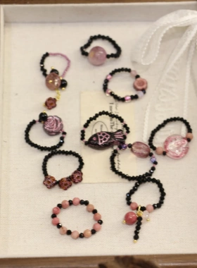 进口捷克珠黑粉搭配复古原创设计弹力绳串珠戒指