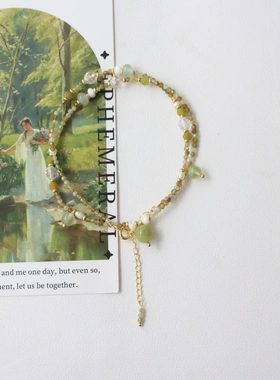 草绿色多宝天然石项链青提奶盖珍珠短款细项链颈链