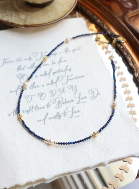 蓝色青金石极细串珠项链淡水珍珠锁骨链百搭气质手工个性女生饰品