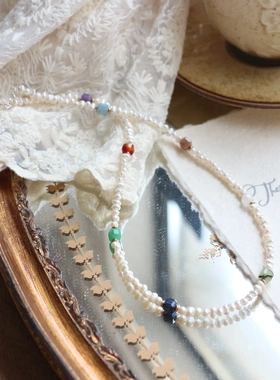 新中式国风复古珍珠手工串珠项链七彩天然石百搭气质锁骨链颈链