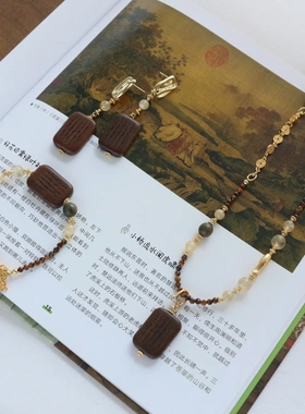 美拉德秋冬虎眼石项链女复古优雅花梨木耳钉黄水晶手链颈链锁骨链