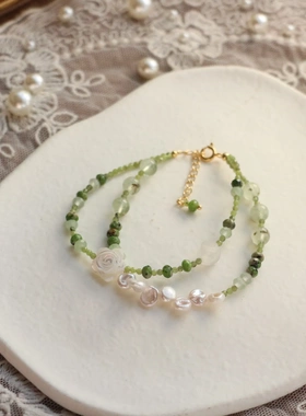 芳华玫瑰无核花瓣天然珍珠短项链国色调原创设计风小众质感手链女