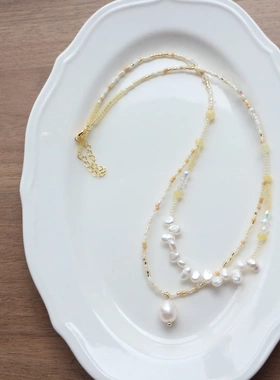 新中式国风项链小众鹅黄色米珠巴洛克珍珠项链