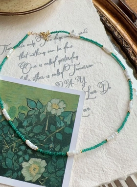 新中式绿色天然石串珠项链夏季百搭女高颜值气质小众民族风锁骨链