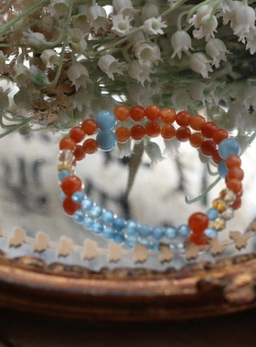 哪吒海报配色手链天然海蓝宝橙蓝配色手串糖果色手环儿童款手链