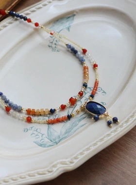 古风红玛瑙项链超高颜值双层吊坠青金石配饰女戒指手链耳饰合集