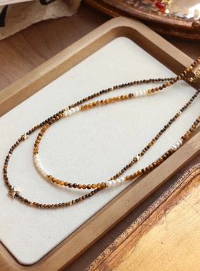 极细夏季新品圆珠虎眼石项链拼接天然星辰大海锁骨链原创串珠饰品