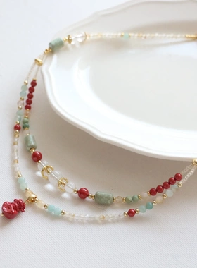 新款敦煌风项链饰品帝王砂财神吊坠双层串珠项链百搭手链戒指