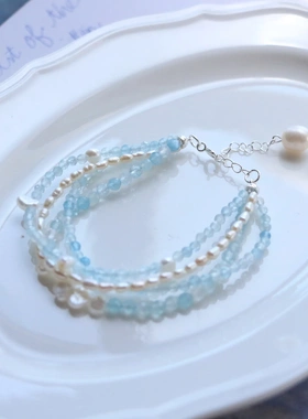 原创手作巴洛克淡水珍珠海蓝宝手链多层珍珠海洋色系海底手链首饰