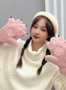 女绒质全指挂脖手套刺绣猫爪