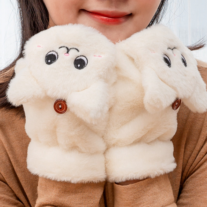 新秋冬翻盖半指手套韩版可爱猫猫骑车保暖毛绒加厚卡通学生女写字,淘宝优惠券,粉丝福利购,淘宝优惠卷