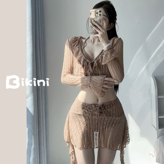 鲨鱼小姐裙式分体泳衣带胸垫四件套女蕾丝性感保守遮肉防晒比基尼